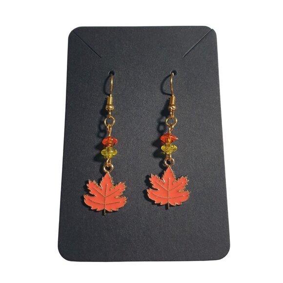 Maple Leaf Drop Earrings Autumn Gold Tone Hook Beaded Fall Theme Red Yellow Gift - Picture 1 of 4